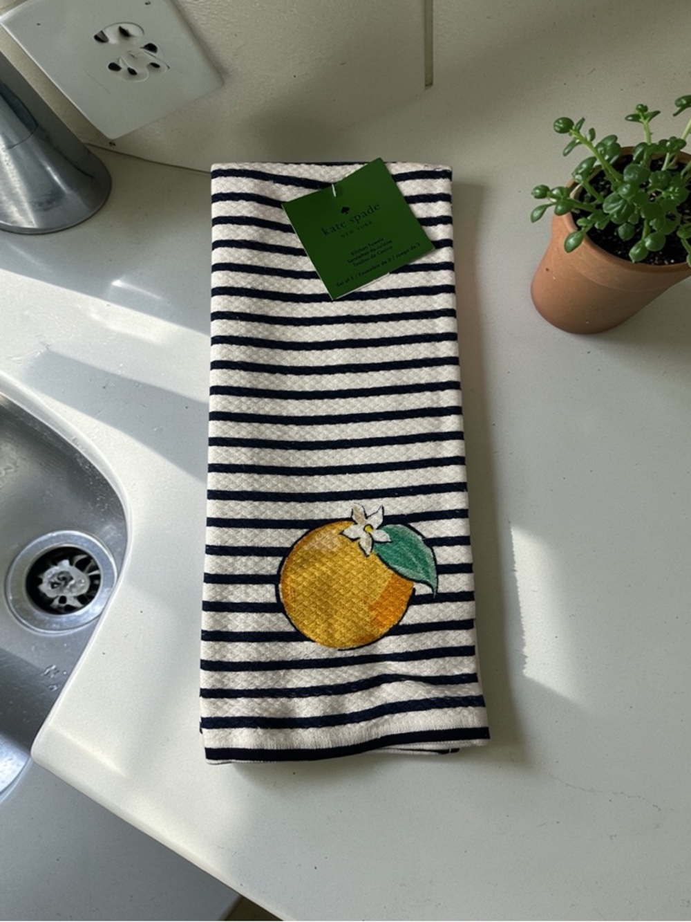 Kate Spade Navy and White Striped Tea Towel set with Orange Fruit (3) - Picture 1 of 3